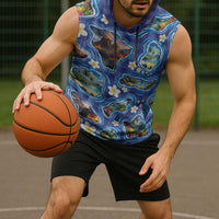 Hawaiian Island Shapes-Iconic Landscape Sleeveless Hoodie with Plumeria and Palaka Blue Color
