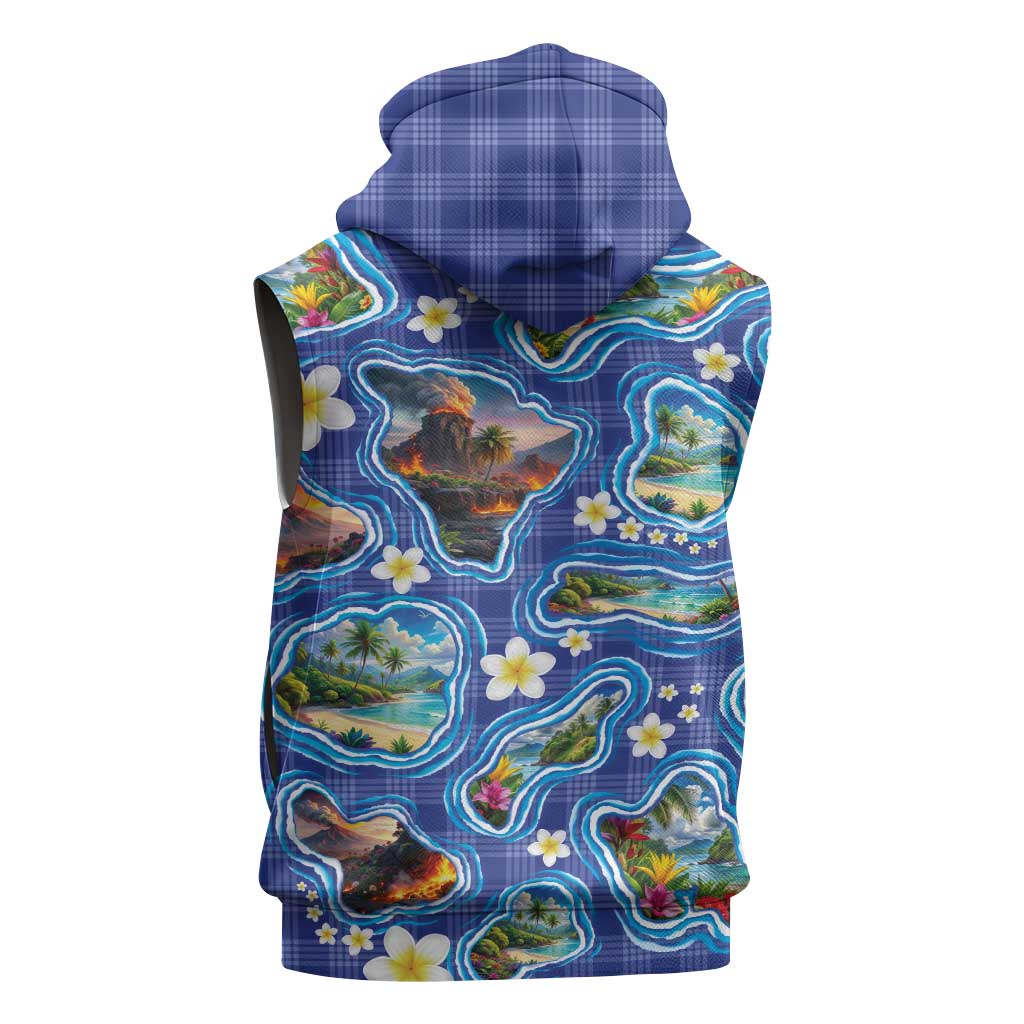 Hawaiian Island Shapes-Iconic Landscape Sleeveless Zip Hoodie with Plumeria and Palaka Blue Color