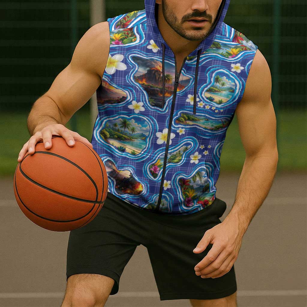 Hawaiian Island Shapes-Iconic Landscape Sleeveless Zip Hoodie with Plumeria and Palaka Blue Color