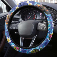 Hawaiian Island Shapes-Iconic Landscape Steering Wheel Cover with Plumeria and Palaka Blue Color