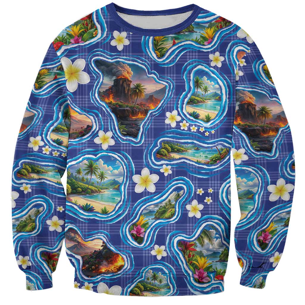 Hawaiian Island Shapes-Iconic Landscape Sweatshirt with Plumeria and Palaka Blue Color