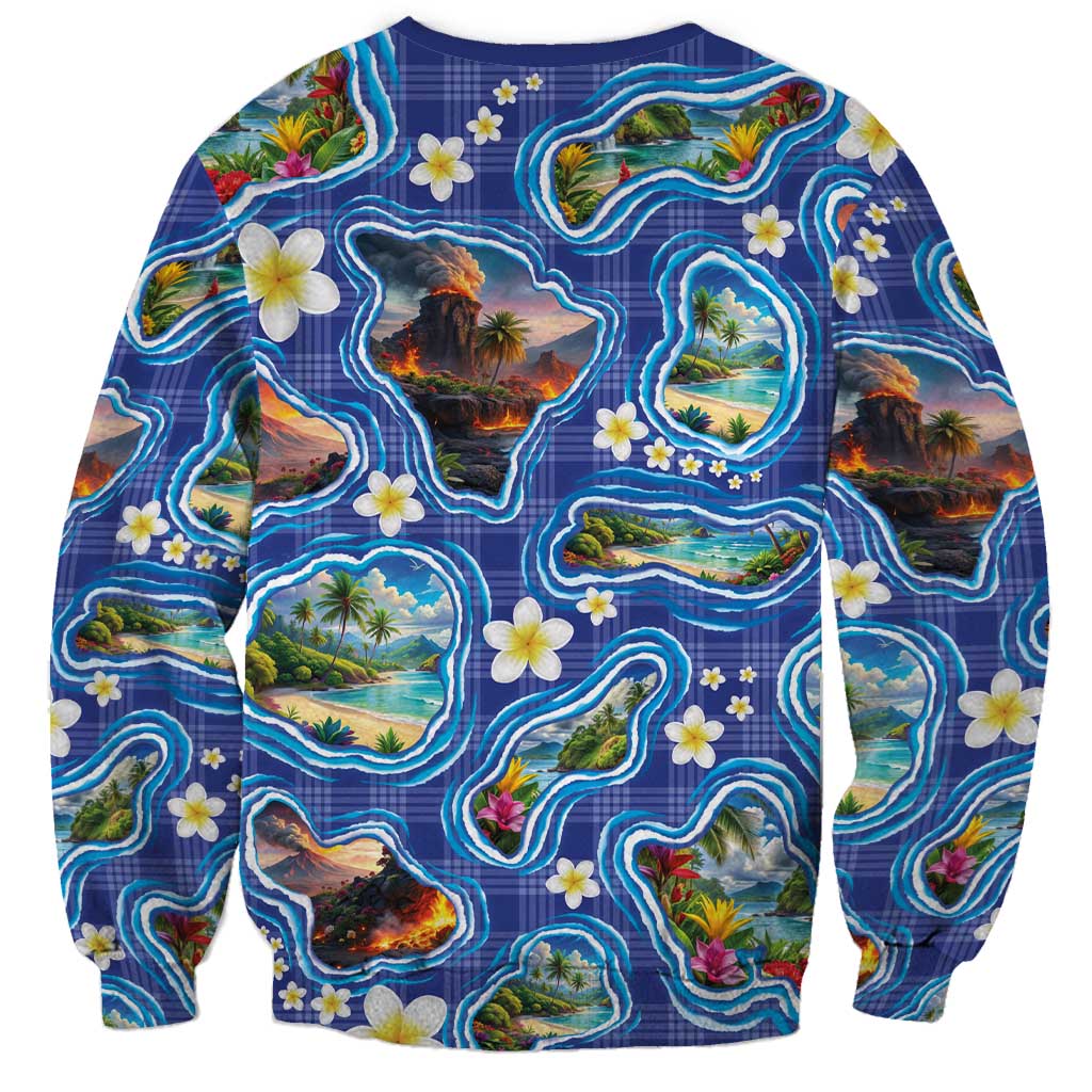 Hawaiian Island Shapes-Iconic Landscape Sweatshirt with Plumeria and Palaka Blue Color