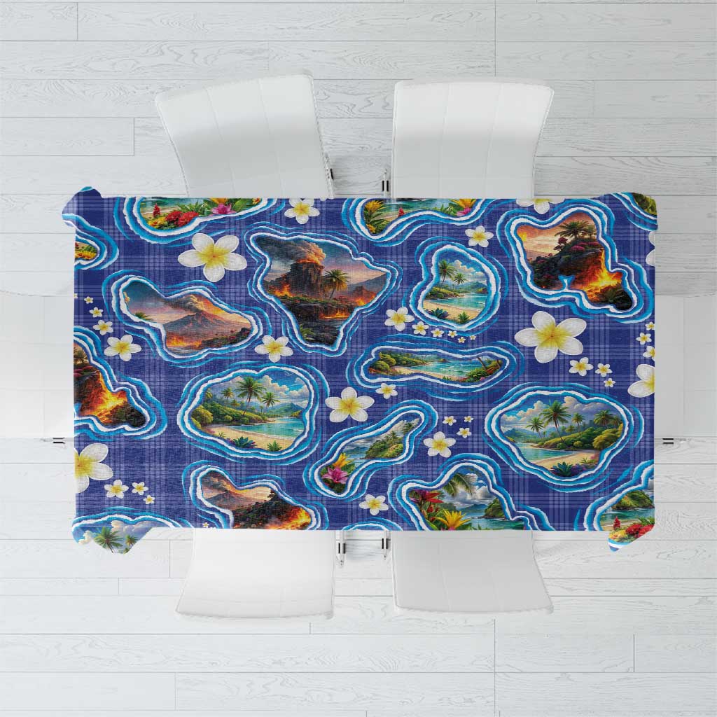 Hawaiian Island Shapes-Iconic Landscape Tablecloth with Plumeria and Palaka Blue Color LT03 Blue - Polynesian Pride