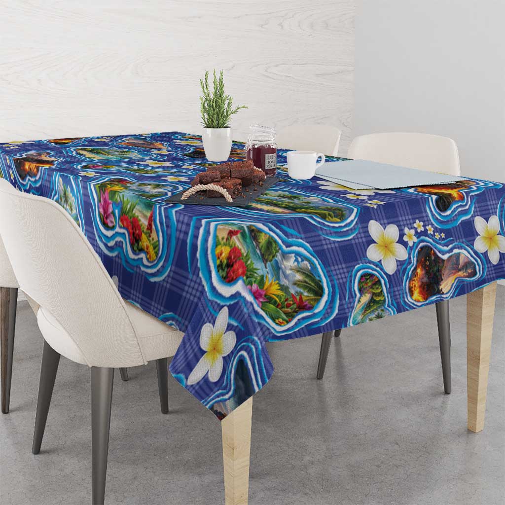 Hawaiian Island Shapes-Iconic Landscape Tablecloth with Plumeria and Palaka Blue Color LT03 - Polynesian Pride