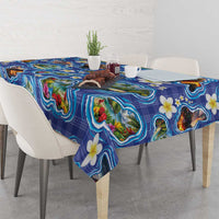 Hawaiian Island Shapes-Iconic Landscape Tablecloth with Plumeria and Palaka Blue Color LT03 - Polynesian Pride