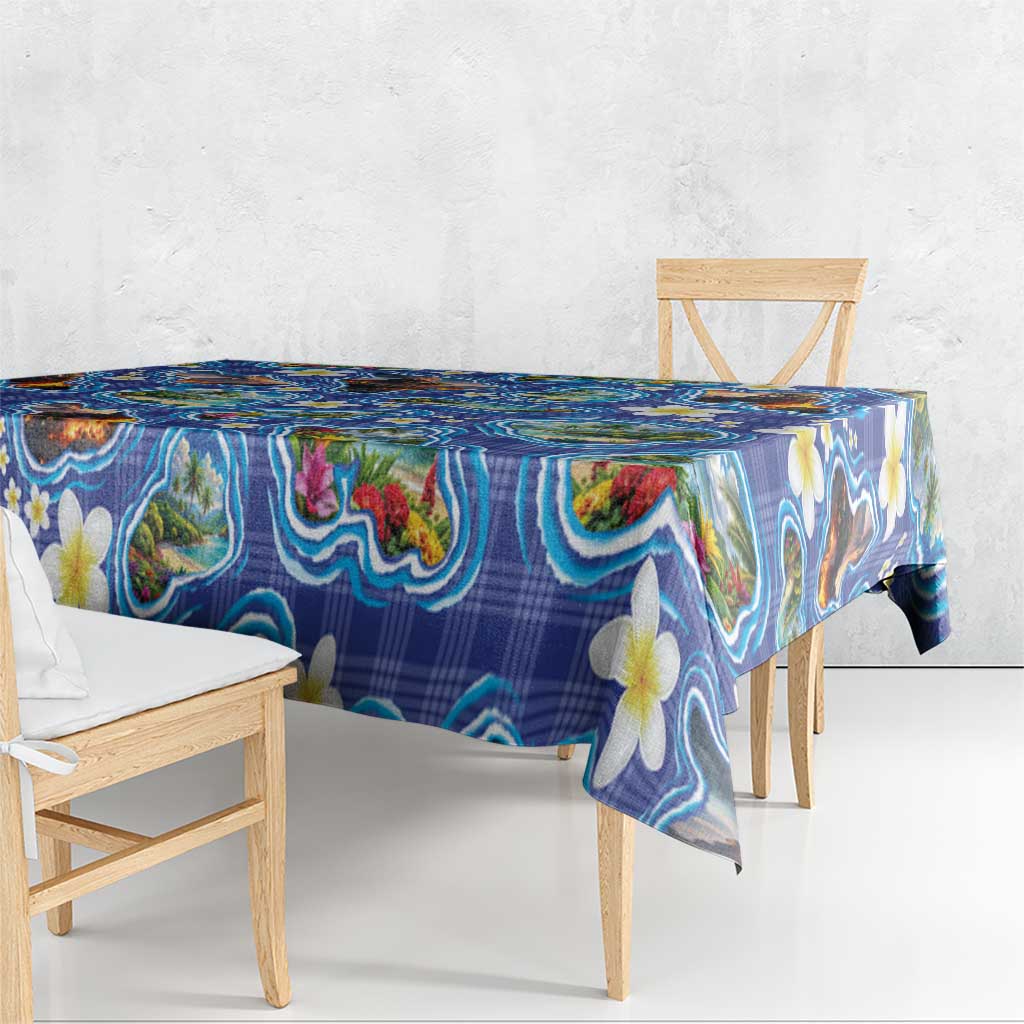 Hawaiian Island Shapes-Iconic Landscape Tablecloth with Plumeria and Palaka Blue Color LT03 - Polynesian Pride