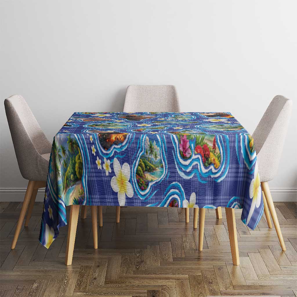 Hawaiian Island Shapes-Iconic Landscape Tablecloth with Plumeria and Palaka Blue Color LT03 - Polynesian Pride