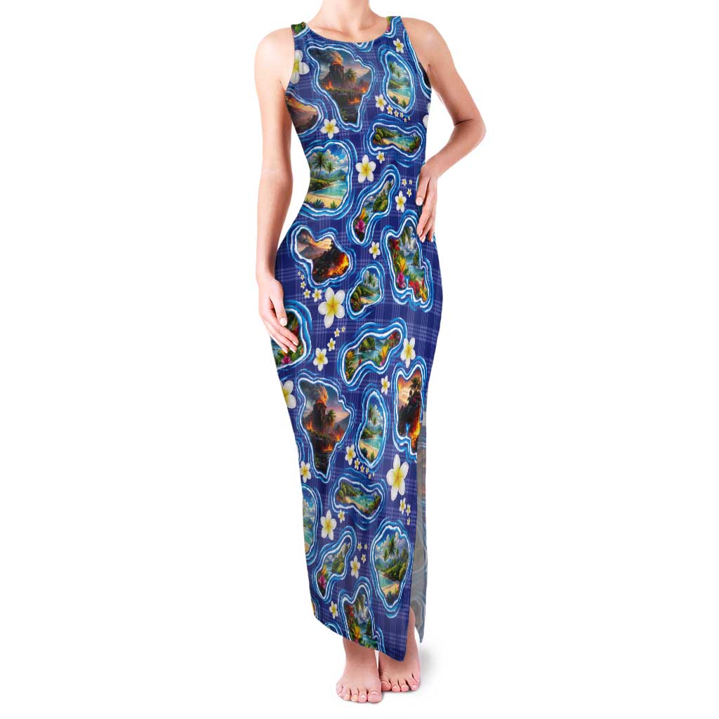 Hawaiian Island Shapes-Iconic Landscape Tank Maxi Dress with Plumeria and Palaka Blue Color LT03 Women Blue - Polynesian Pride