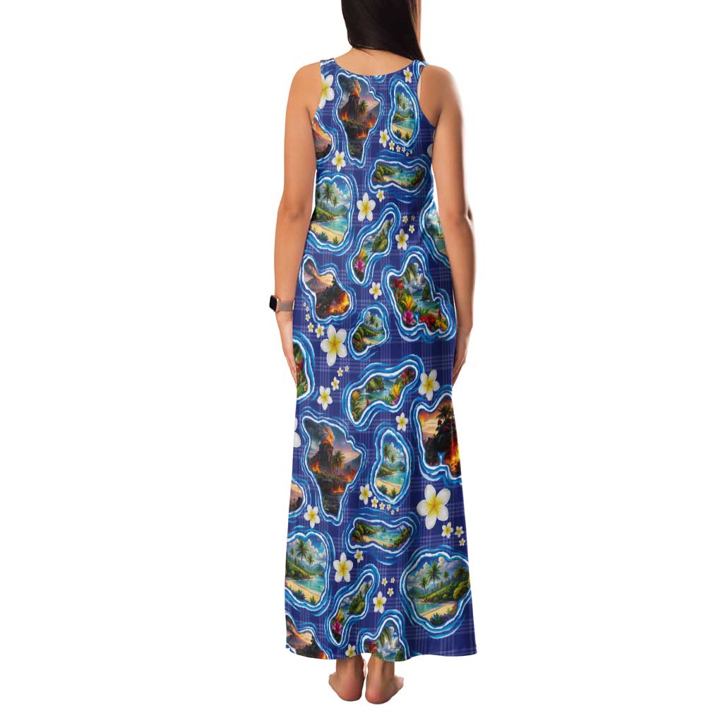 Hawaiian Island Shapes-Iconic Landscape Tank Maxi Dress with Plumeria and Palaka Blue Color