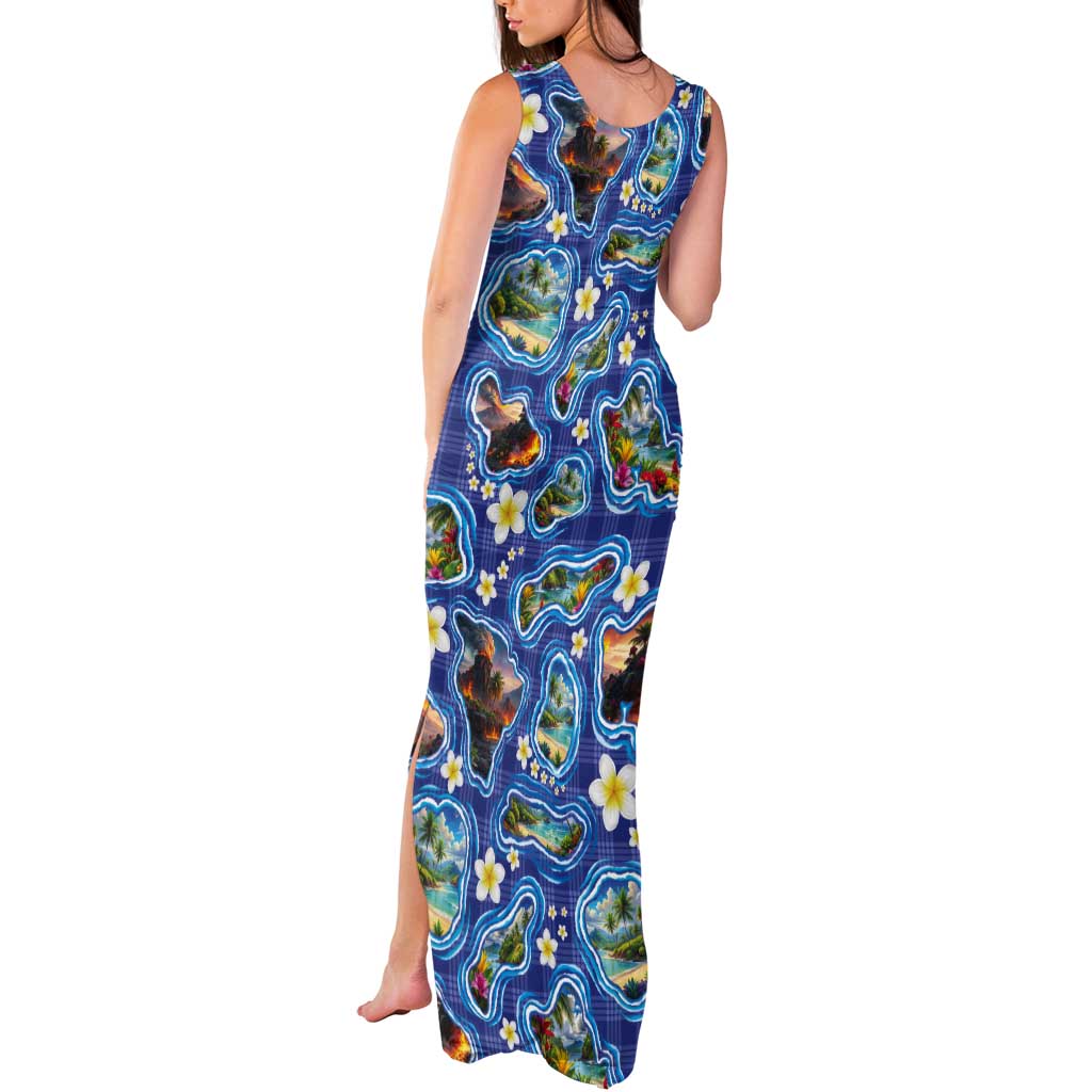 Hawaiian Island Shapes-Iconic Landscape Tank Maxi Dress with Plumeria and Palaka Blue Color