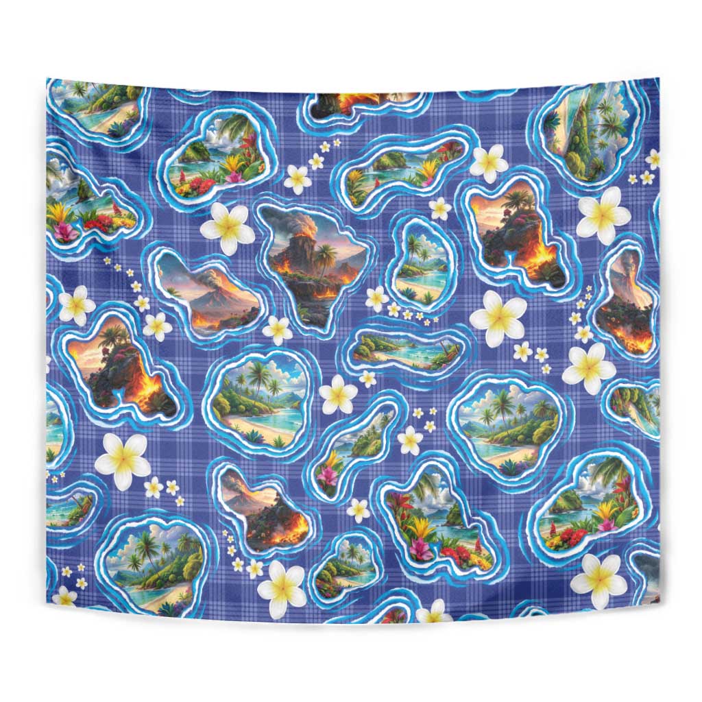Hawaiian Island Shapes-Iconic Landscape Tapestry with Plumeria and Palaka Blue Color