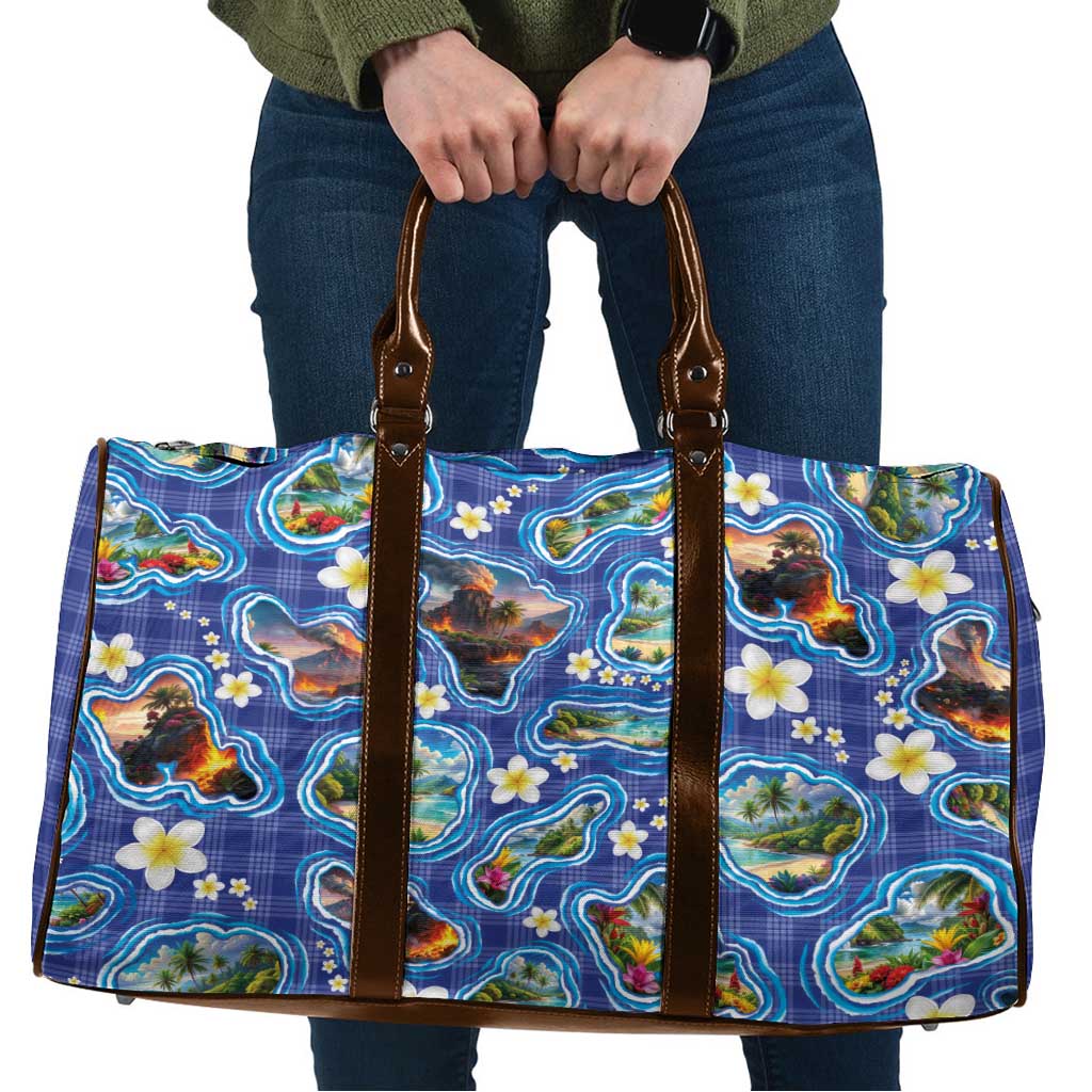 Hawaiian Island Shapes-Iconic Landscape Travel Bag with Plumeria and Palaka Blue Color LT03 Blue - Polynesian Pride