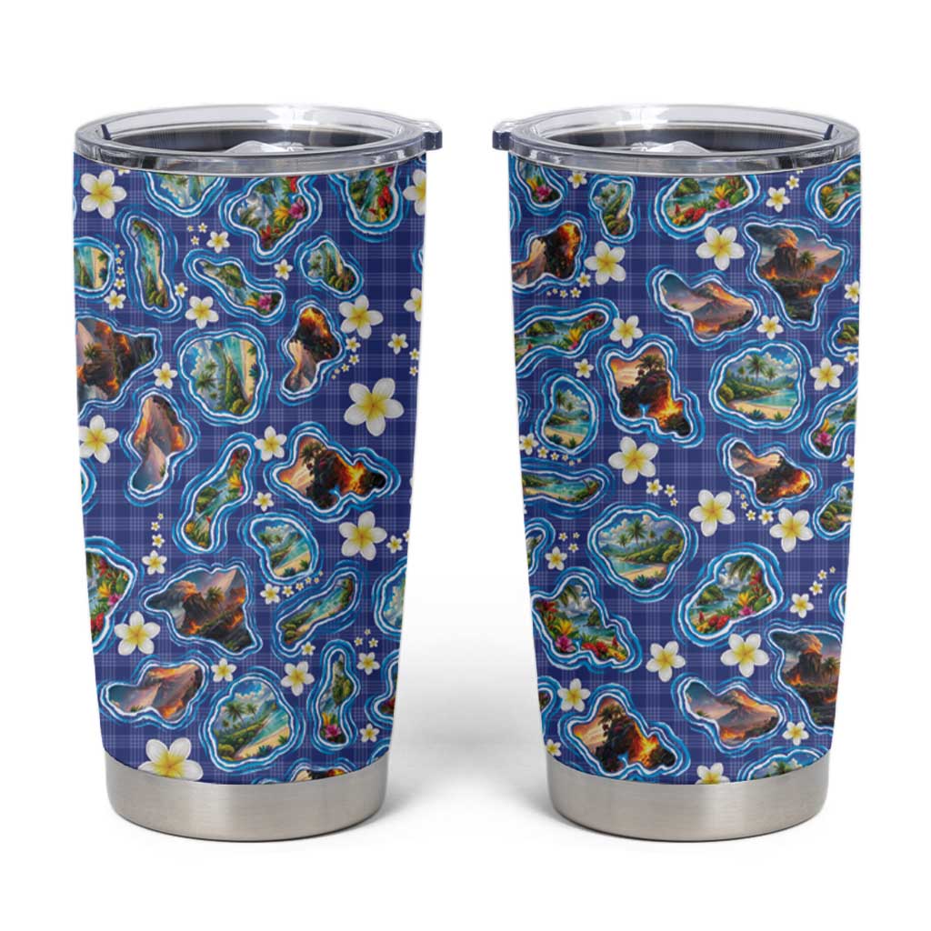 Hawaiian Island Shapes-Iconic Landscape Tumbler Cup with Plumeria and Palaka Blue Color LT03 Blue - Polynesian Pride