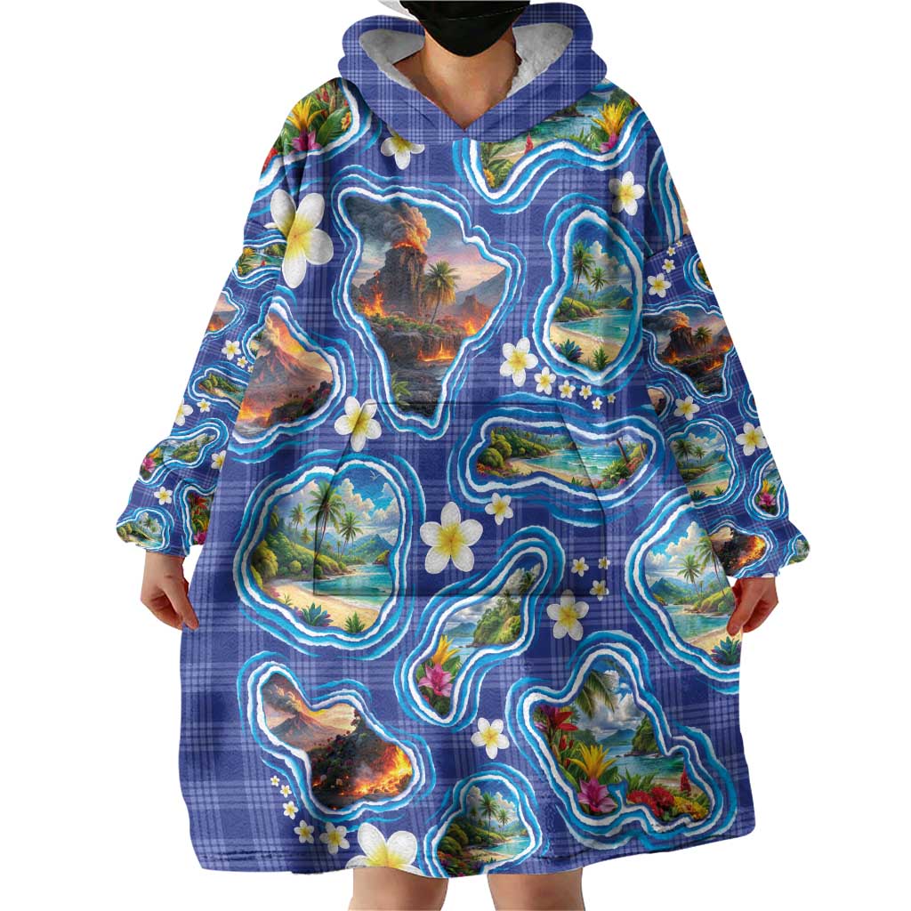 Hawaiian Island Shapes-Iconic Landscape Wearable Blanket Hoodie with Plumeria and Palaka Blue Color