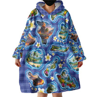 Hawaiian Island Shapes-Iconic Landscape Wearable Blanket Hoodie with Plumeria and Palaka Blue Color