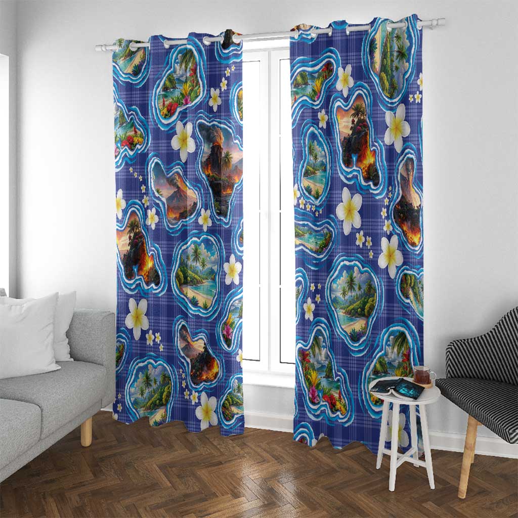 Hawaiian Island Shapes-Iconic Landscape Window Curtain with Plumeria and Palaka Blue Color LT03 With Grommets Blue - Polynesian Pride