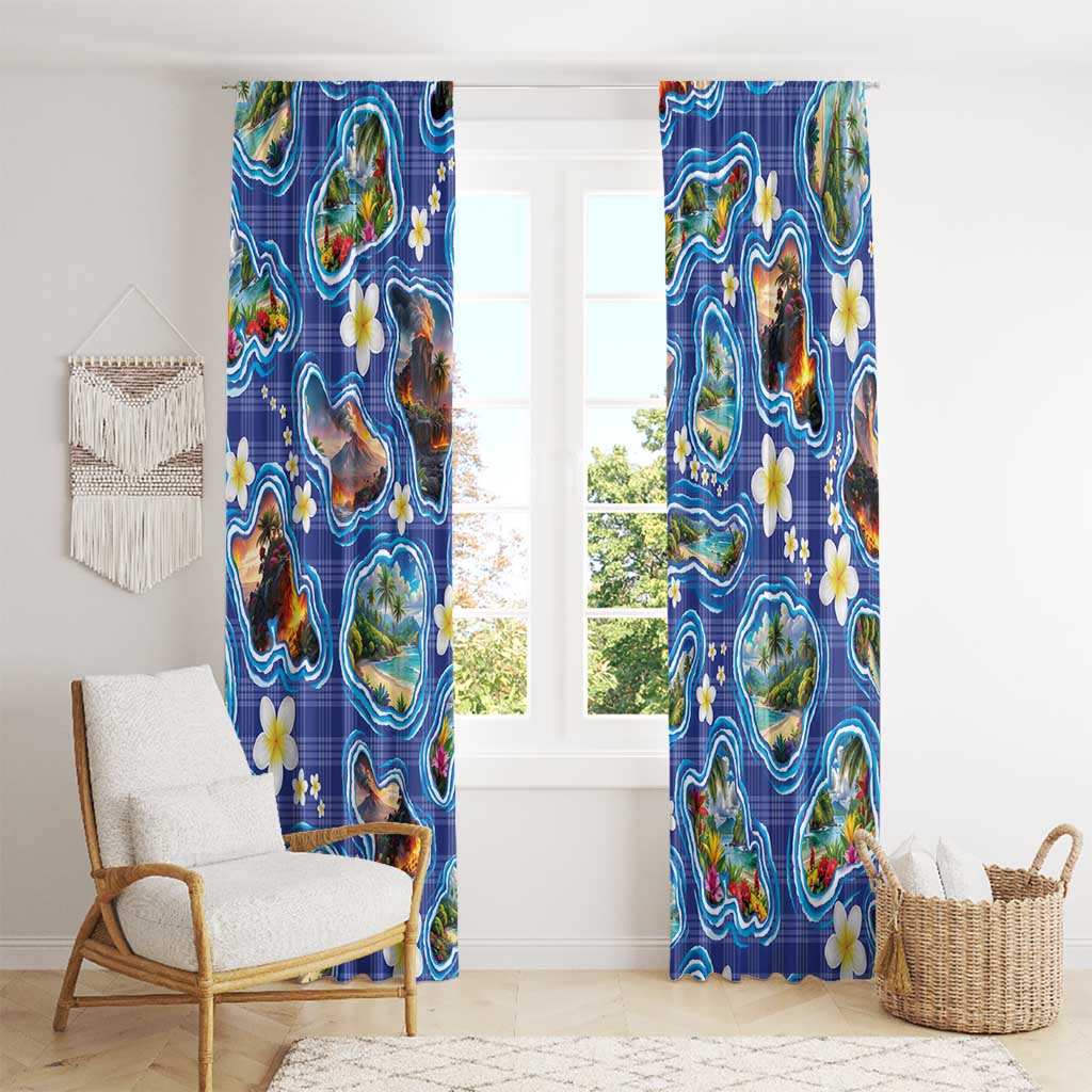 Hawaiian Island Shapes-Iconic Landscape Window Curtain with Plumeria and Palaka Blue Color LT03 - Polynesian Pride