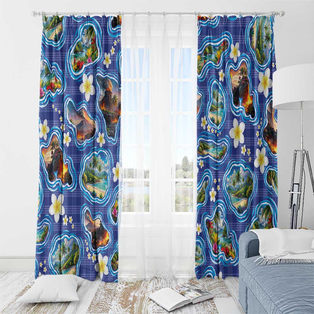 Hawaiian Island Shapes-Iconic Landscape Window Curtain with Plumeria and Palaka Blue Color LT03 - Polynesian Pride