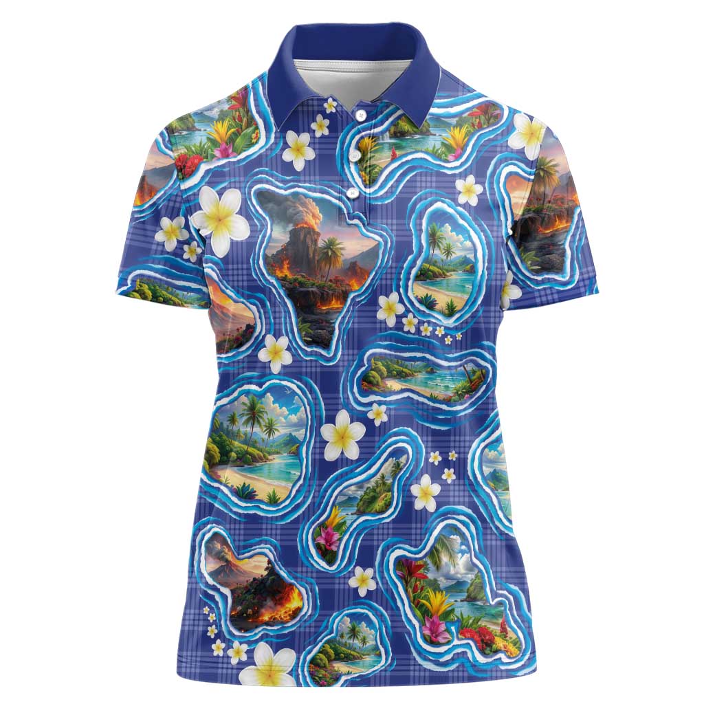 Hawaiian Island Shapes-Iconic Landscape Women Polo Shirt with Plumeria and Palaka Blue Color LT03 Female Blue - Polynesian Pride