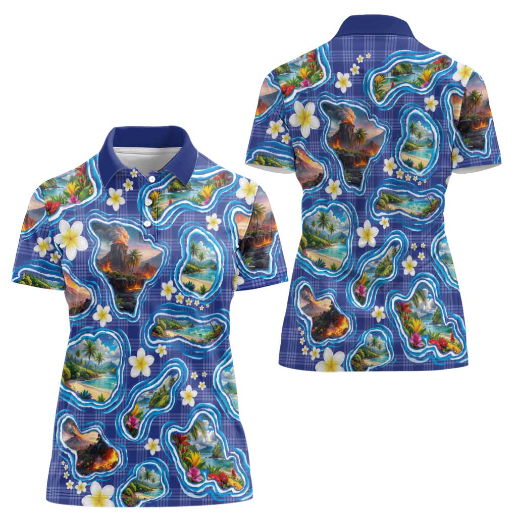 Hawaiian Island Shapes-Iconic Landscape Women Polo Shirt with Plumeria and Palaka Blue Color