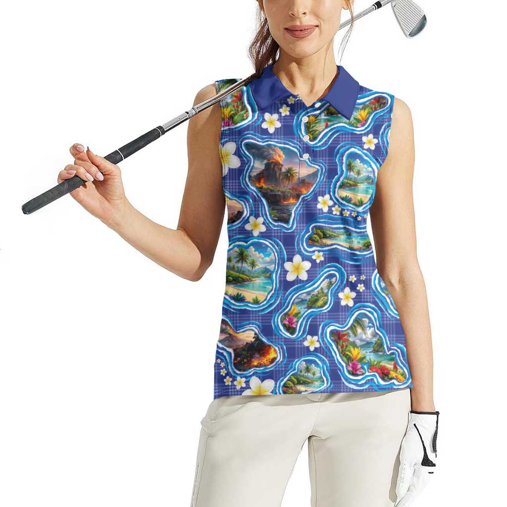 Hawaiian Island Shapes-Iconic Landscape Women Sleeveless Polo Shirt with Plumeria and Palaka Blue Color
