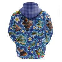 Hawaiian Island Shapes-Iconic Landscape Zip Hoodie with Plumeria and Palaka Blue Color