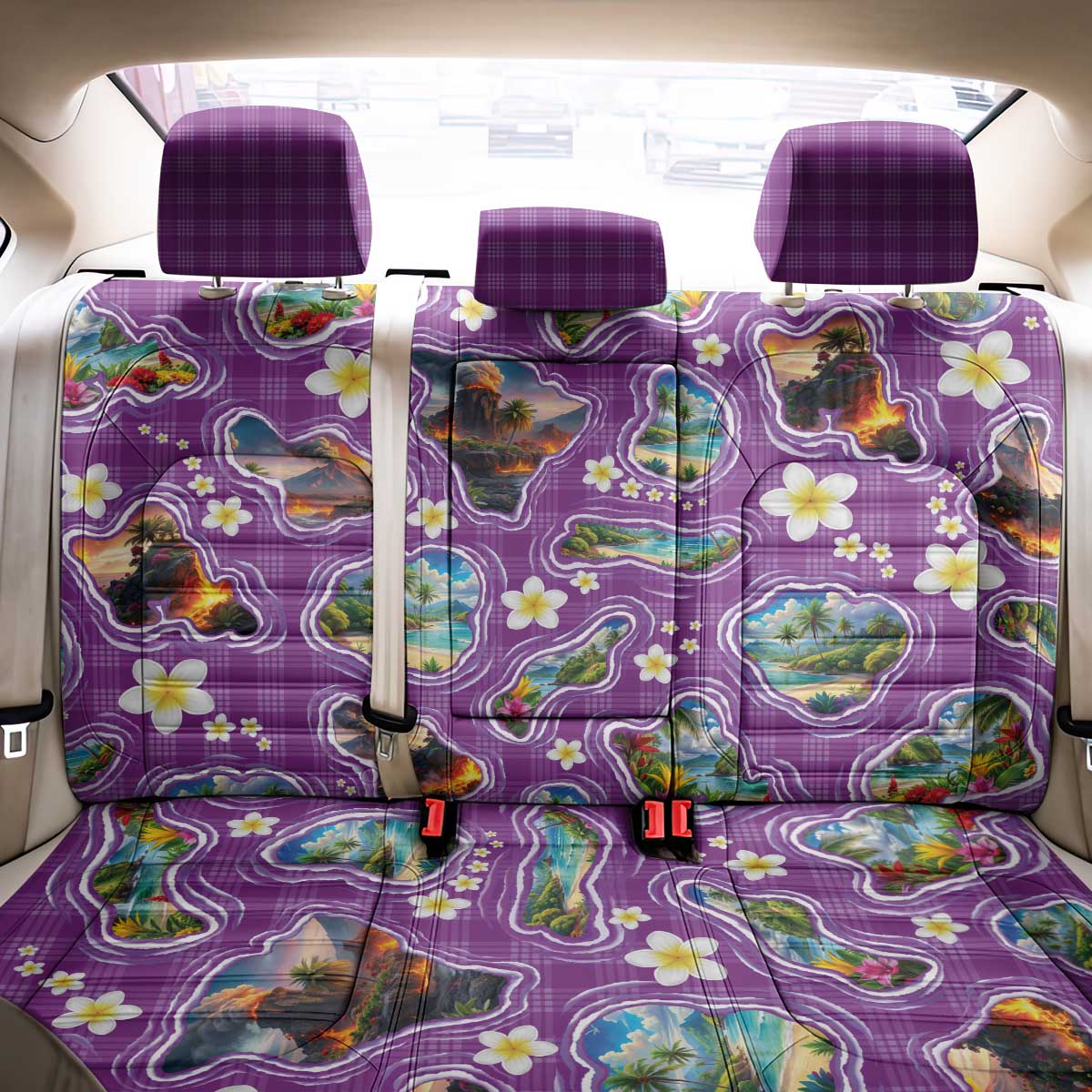 Hawaiian Island Shapes-Iconic Landscape Back Car Seat Cover with Plumeria and Palaka Purple Color