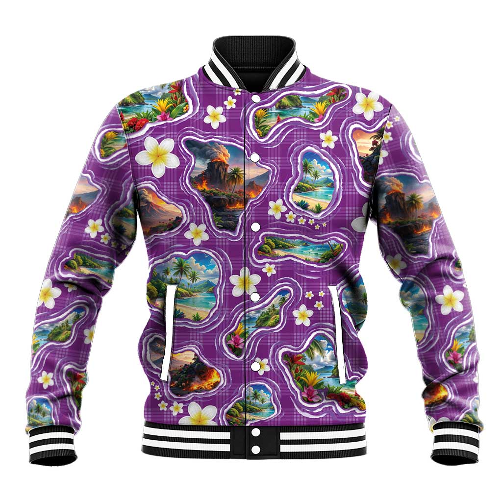 Hawaiian Island Shapes-Iconic Landscape Baseball Jacket with Plumeria and Palaka Purple Color LT03 Unisex Purple - Polynesian Pride
