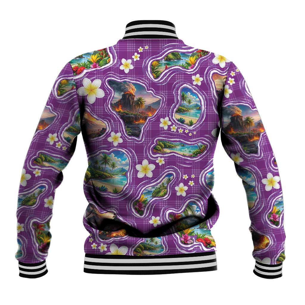 Hawaiian Island Shapes-Iconic Landscape Baseball Jacket with Plumeria and Palaka Purple Color