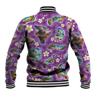 Hawaiian Island Shapes-Iconic Landscape Baseball Jacket with Plumeria and Palaka Purple Color