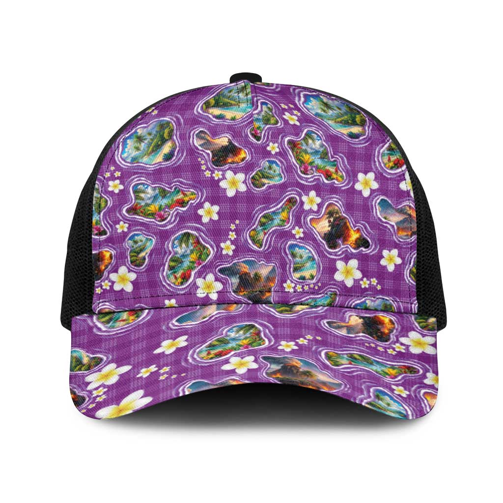 Hawaiian Island Shapes-Iconic Landscape Baseball Net Cap with Plumeria and Palaka Purple Color