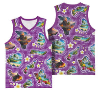 Hawaiian Island Shapes-Iconic Landscape Basketball Jersey with Plumeria and Palaka Purple Color
