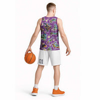 Hawaiian Island Shapes-Iconic Landscape Basketball Jersey with Plumeria and Palaka Purple Color