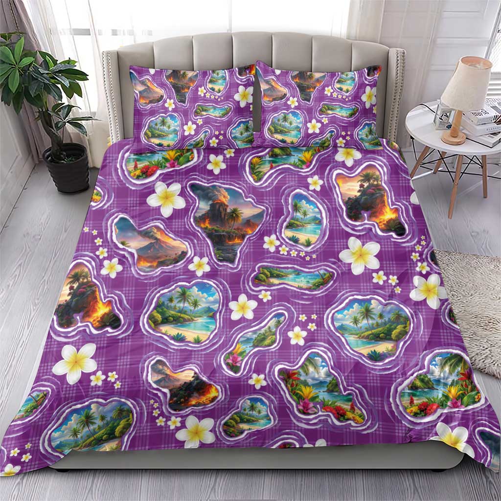 Hawaiian Island Shapes-Iconic Landscape Bedding Set with Plumeria and Palaka Purple Color LT03 - Polynesian Pride