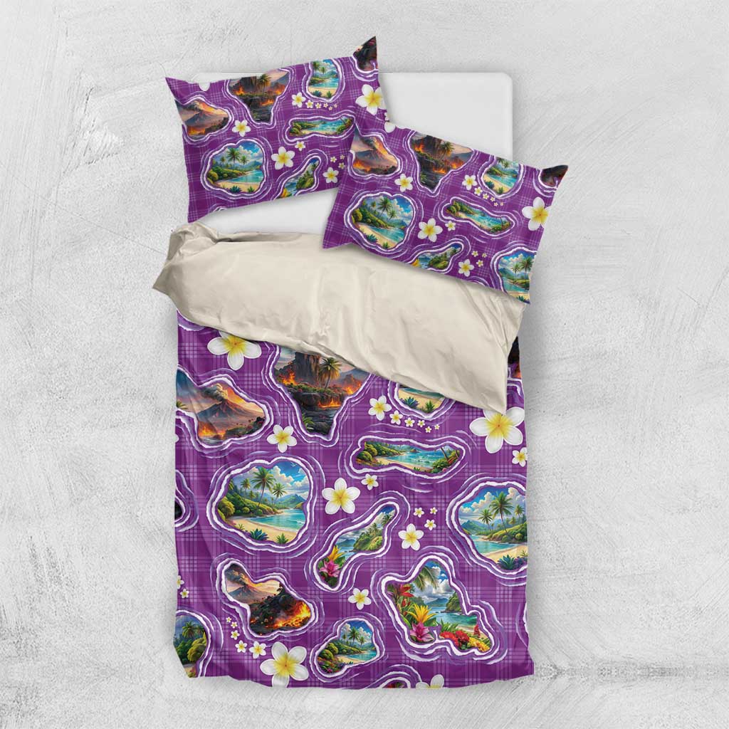 Hawaiian Island Shapes-Iconic Landscape Bedding Set with Plumeria and Palaka Purple Color LT03 US Twin 172cm x 218cm Purple - Polynesian Pride