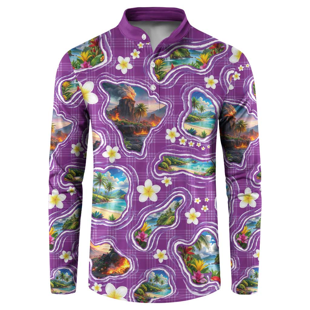 Hawaiian Island Shapes-Iconic Landscape Button Sweatshirt with Plumeria and Palaka Purple Color LT03 Purple - Polynesian Pride