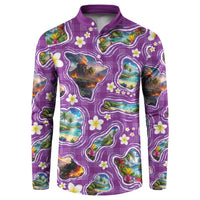 Hawaiian Island Shapes-Iconic Landscape Button Sweatshirt with Plumeria and Palaka Purple Color