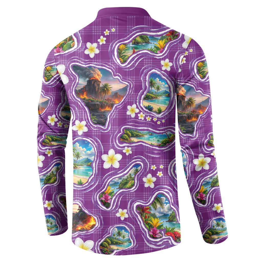 Hawaiian Island Shapes-Iconic Landscape Button Sweatshirt with Plumeria and Palaka Purple Color