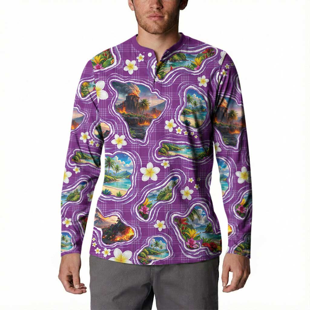 Hawaiian Island Shapes-Iconic Landscape Button Sweatshirt with Plumeria and Palaka Purple Color
