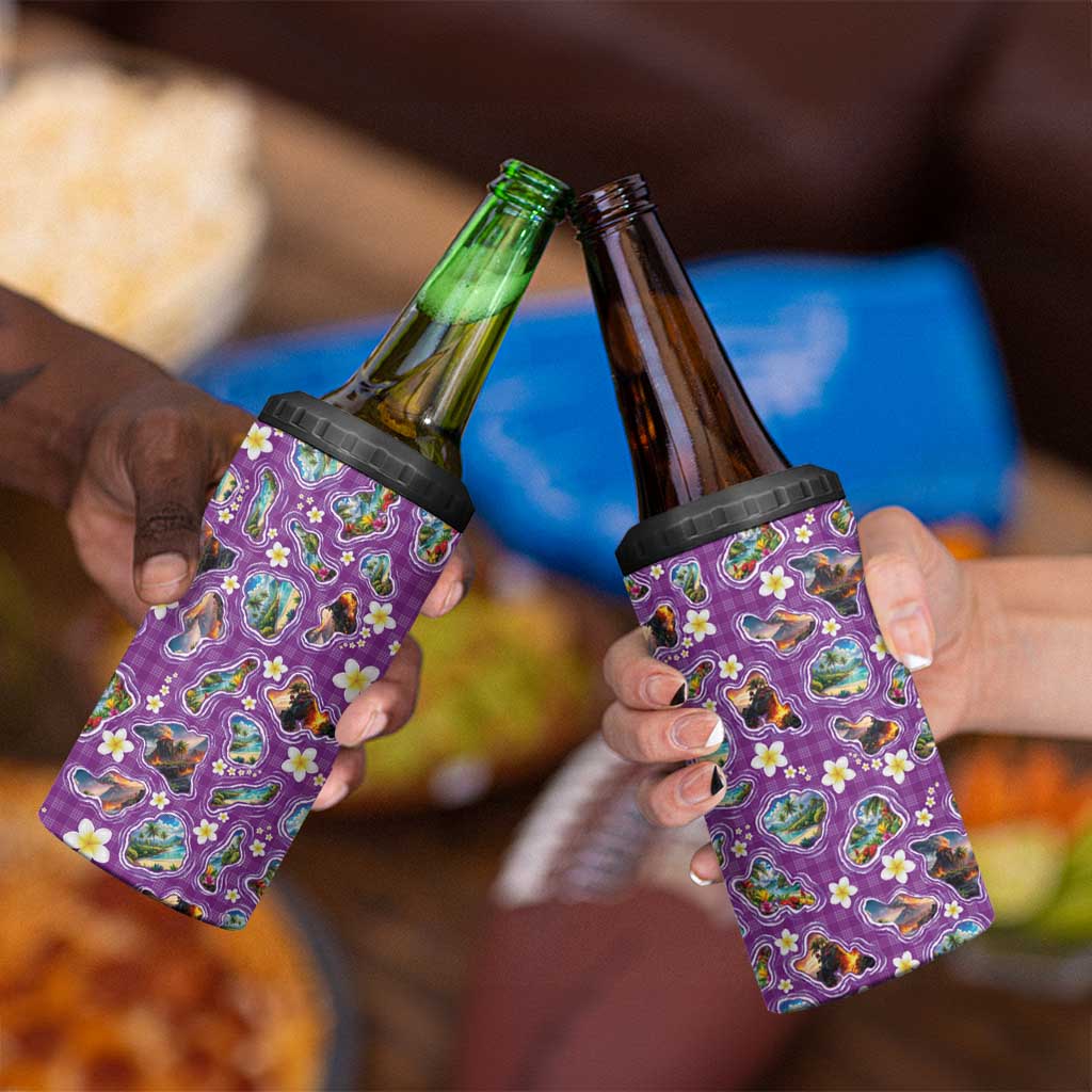 Hawaiian Island Shapes-Iconic Landscape 4 in 1 Can Cooler Tumbler with Plumeria and Palaka Purple Color