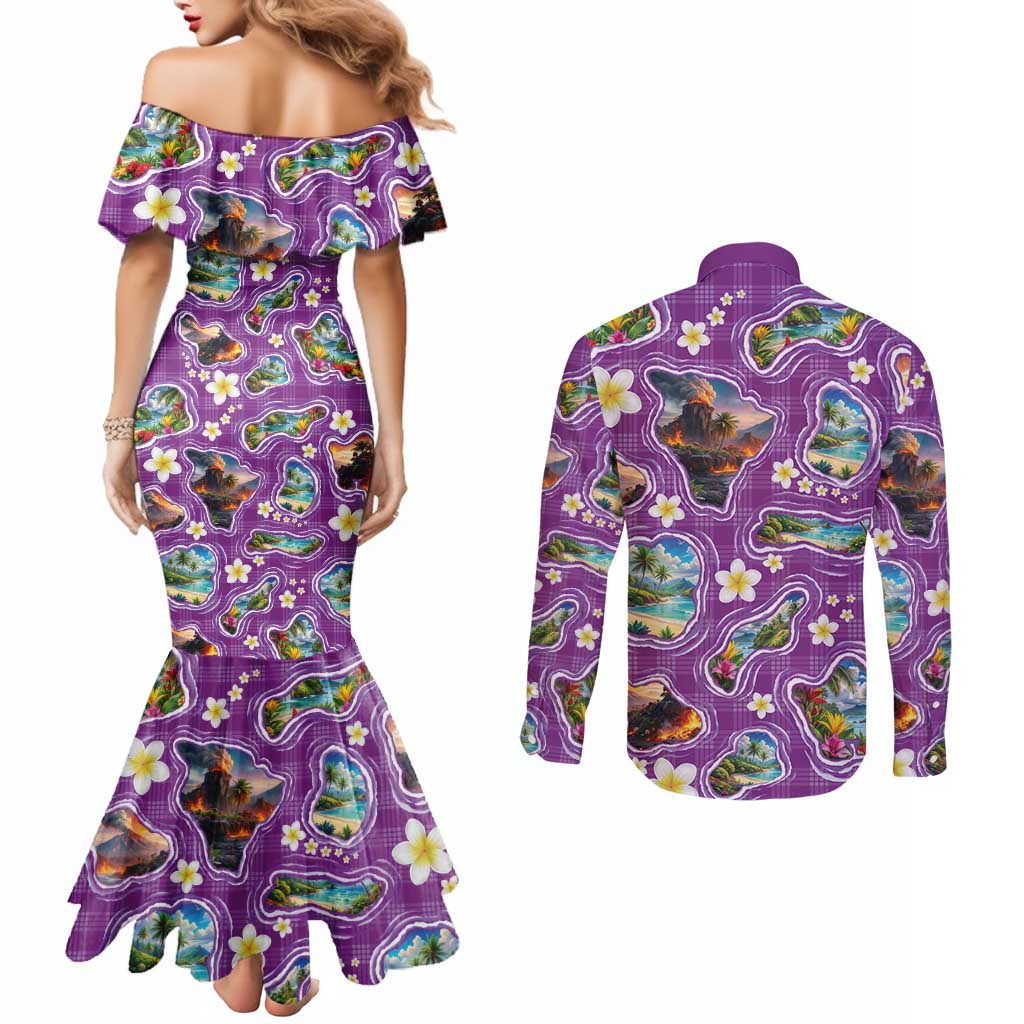 Hawaiian Island Shapes-Iconic Landscape Couples Matching Mermaid Dress and Long Sleeve Button Shirt with Plumeria and Palaka Purple Color