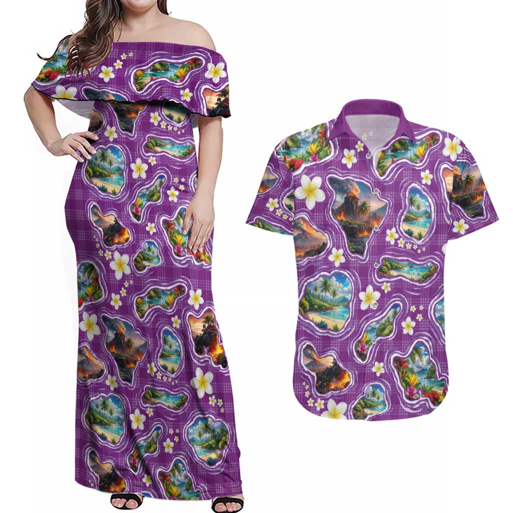 Hawaiian Island Shapes-Iconic Landscape Couples Matching Off Shoulder Maxi Dress and Hawaiian Shirt with Plumeria and Palaka Purple Color