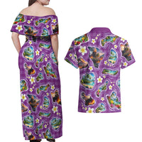 Hawaiian Island Shapes-Iconic Landscape Couples Matching Off Shoulder Maxi Dress and Hawaiian Shirt with Plumeria and Palaka Purple Color