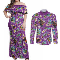 Hawaiian Island Shapes-Iconic Landscape Couples Matching Off Shoulder Maxi Dress and Long Sleeve Button Shirt with Plumeria and Palaka Purple Color