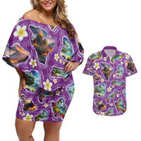 Hawaiian Island Shapes-Iconic Landscape Couples Matching Off Shoulder Short Dress and Hawaiian Shirt with Plumeria and Palaka Purple Color