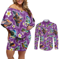 Hawaiian Island Shapes-Iconic Landscape Couples Matching Off Shoulder Short Dress and Long Sleeve Button Shirt with Plumeria and Palaka Purple Color