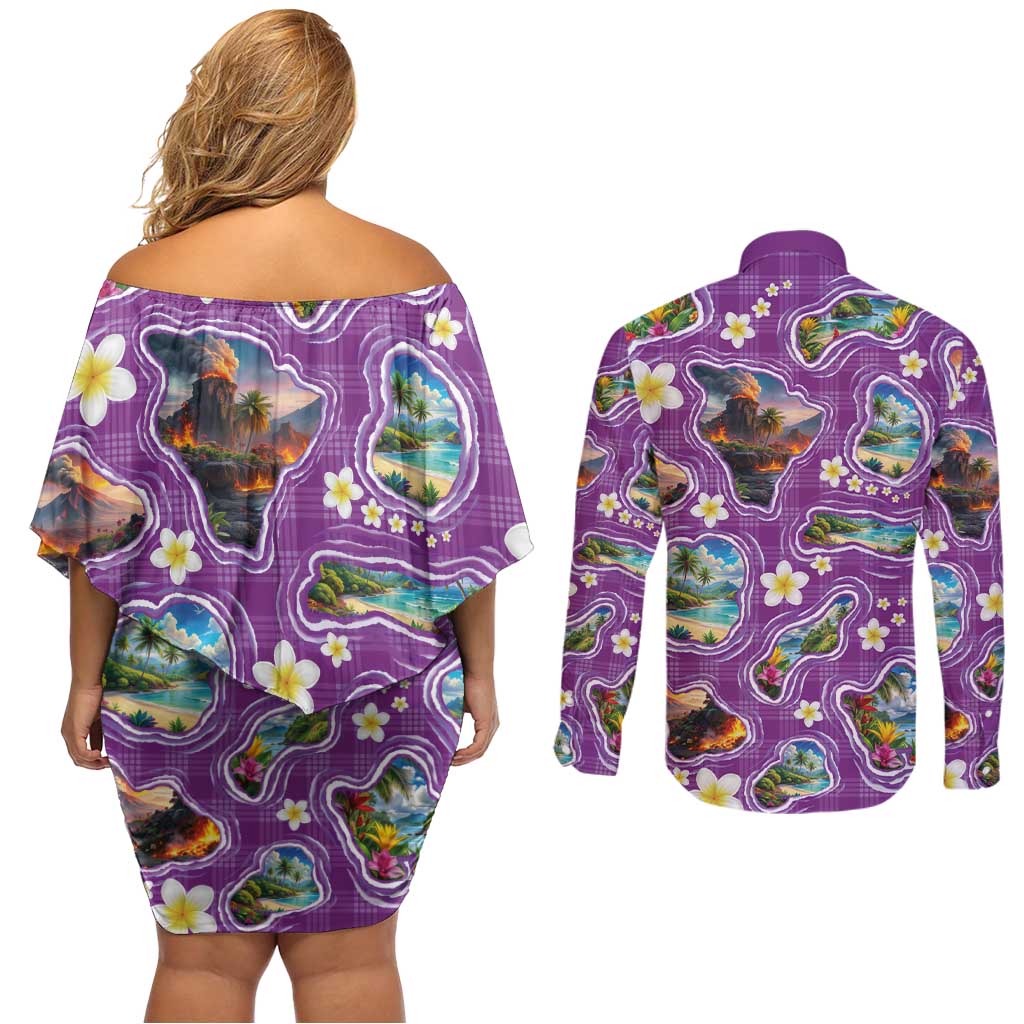 Hawaiian Island Shapes-Iconic Landscape Couples Matching Off Shoulder Short Dress and Long Sleeve Button Shirt with Plumeria and Palaka Purple Color