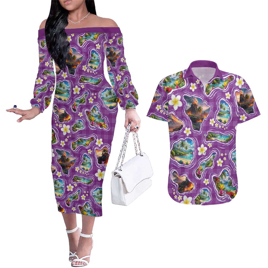 Hawaiian Island Shapes-Iconic Landscape Couples Matching Off The Shoulder Long Sleeve Dress and Hawaiian Shirt with Plumeria and Palaka Purple Color