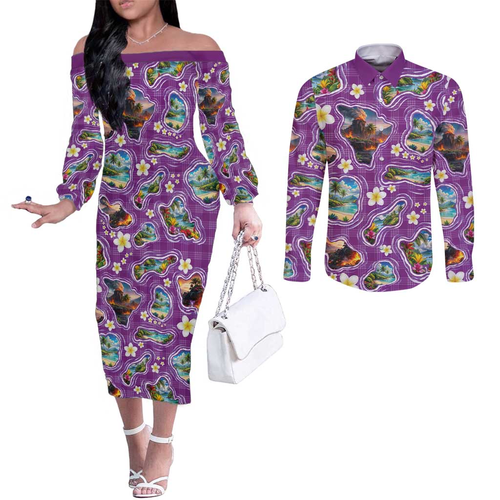 Hawaiian Island Shapes-Iconic Landscape Couples Matching Off The Shoulder Long Sleeve Dress and Long Sleeve Button Shirt with Plumeria and Palaka Purple Color LT03 Purple - Polynesian Pride
