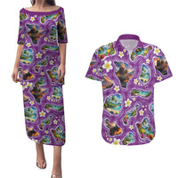 Hawaiian Island Shapes-Iconic Landscape Couples Matching Puletasi and Hawaiian Shirt with Plumeria and Palaka Purple Color